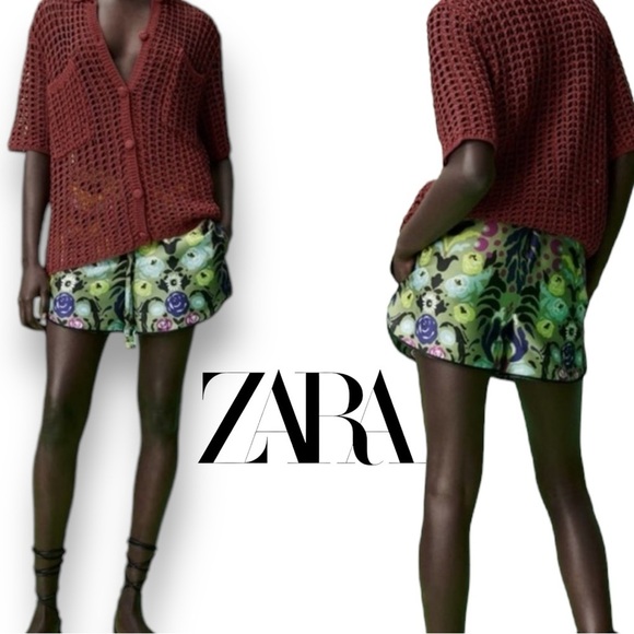 Zara Satin Effect Printed Shorts Size Medium New Green Floral Pattern - Picture 1 of 11